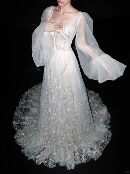 Dreamy Ball Gown Long Sleeve Sequin White Tulle Long Wedding Dress DP6369