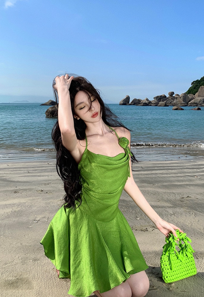 Green A Line Spaghetti Strap Floral Satin Homecoming Dress Birthday Dress Outfits DP3404