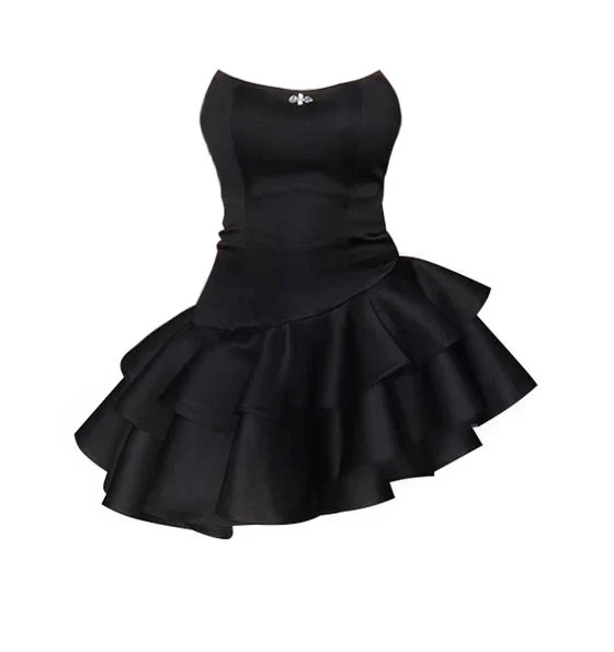 Popular Strapless Black Satin Mini Prom Dress Layered Homecoming Dress DP674