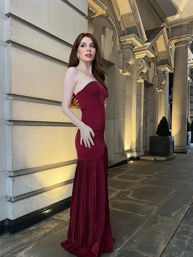 Burgundy Elegant Mermaid Strapless Pleated Satin Prom Dress Wedding Guest Dress with Slit DP4287