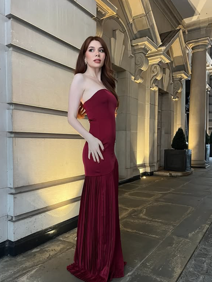 Burgundy Elegant Mermaid Strapless Pleated Satin Prom Dress Wedding Guest Dress with Slit DP4287