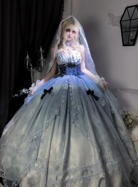Stunning Blue Bow A Line Lace Tulle Lolita Goth Boning Dress Prom Dress DP4505