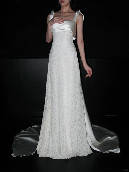 Sweety Bow A Line Straps White Lace Satin Long Wedding Dress DP5785