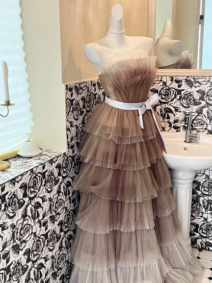 Unique Brown Grey Ombre A Line Strapless Layered Tulle Long Prom Dress Formal Dress DP3328