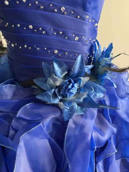 Royal Blue Ball Gown One Shoulder Beaded Ruffle Organza Prom Dress Quinceanera Dress DP6961