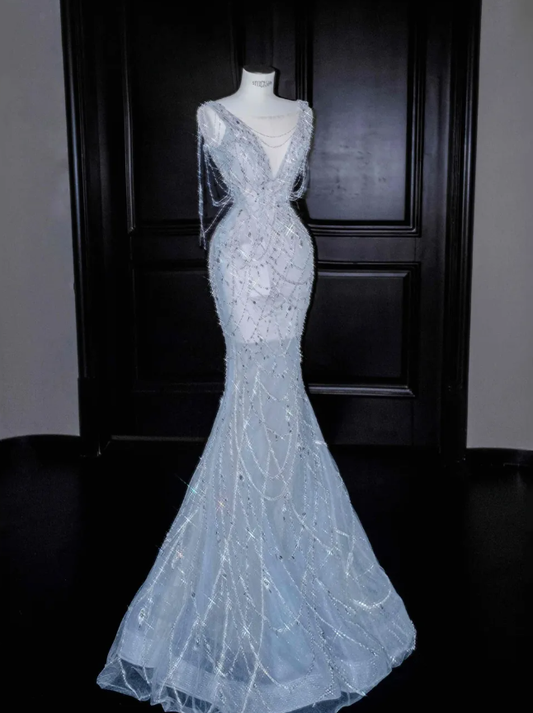 Blue Mermaid V Neck Rhinestone Tulle Long Prom Dress Party Dress DP2755