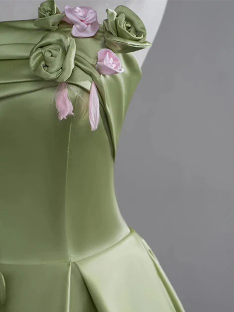 Green A-line Satin With Flowers Long Evening Dress Prom Dress DP603