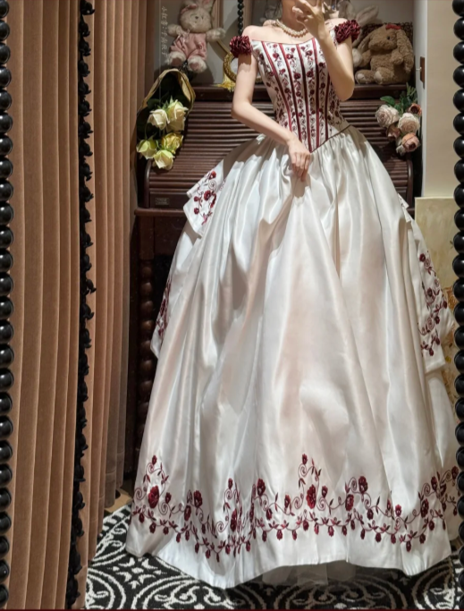 Unique A Line Off the Shoulder Red Embroidery Satin Prom Dress Party Evening Dress DP5324