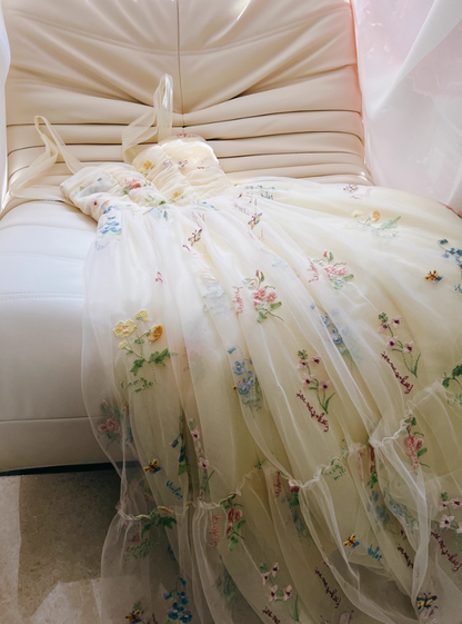 Cute Yellow A Line Spaghetti Strap Embroidery Floral Tulle Prom Dress Party Dress DP4490
