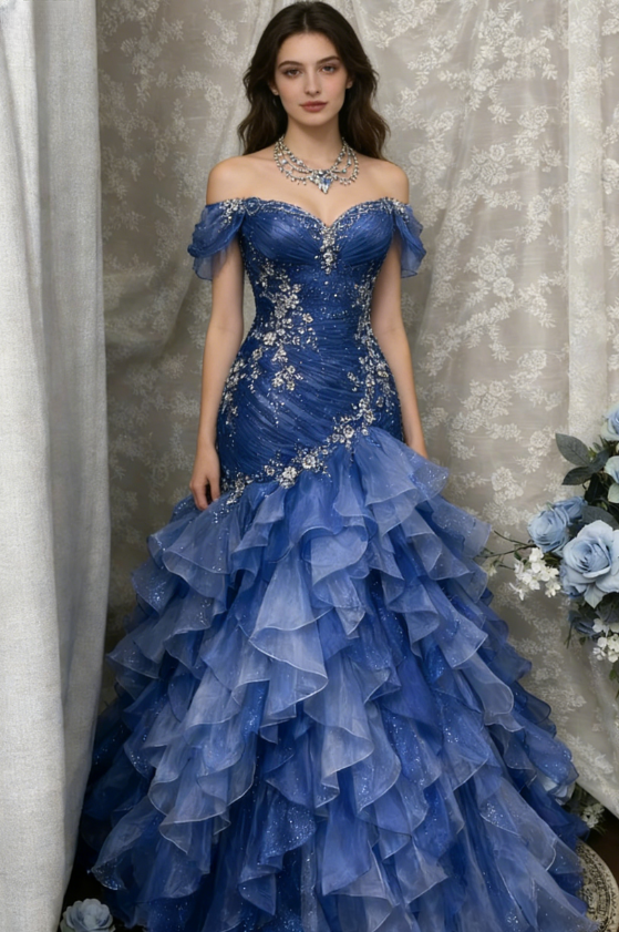 Blue Dreamy Mermaid Exquisite Beaded Layered Ruffle Tulle Prom Dress Evening Gown DP5039
