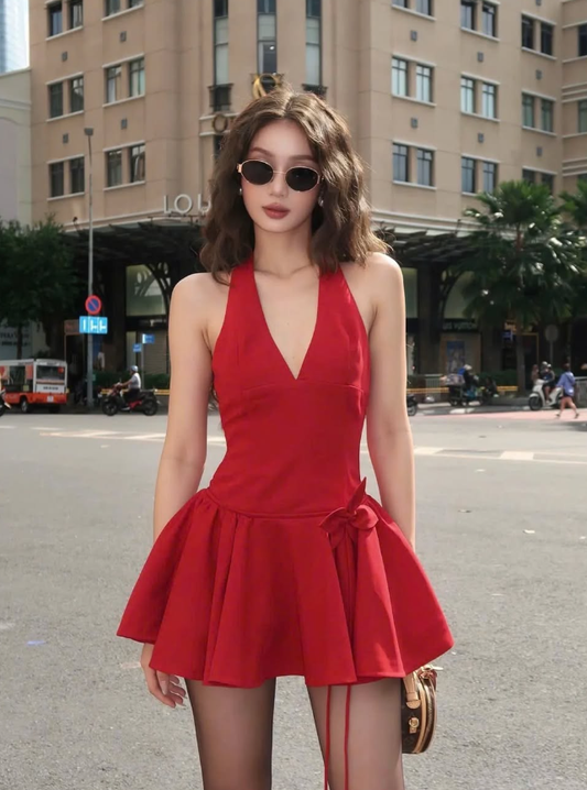 Cute A Line Halter V Neck Red Satin Short Open Back Homecoming Dress Outfits DP1560