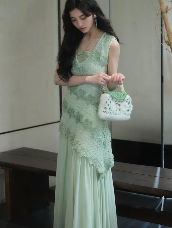 Summer Green A Line V Neck Lace Chiffon Prom Dress Evening Dress DP5429