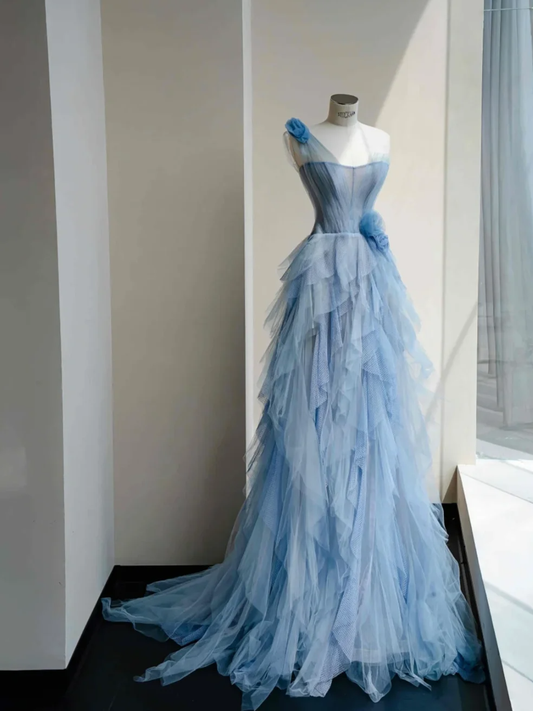 Gentle A Line One Shoulder Blue Tiered Flower Tulle Long Party Dress Evening Dress DP2410