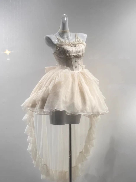 Vintage Apricot Tulle Hi-Low Ruffles Prom Dress Shiny Party Dress DP477