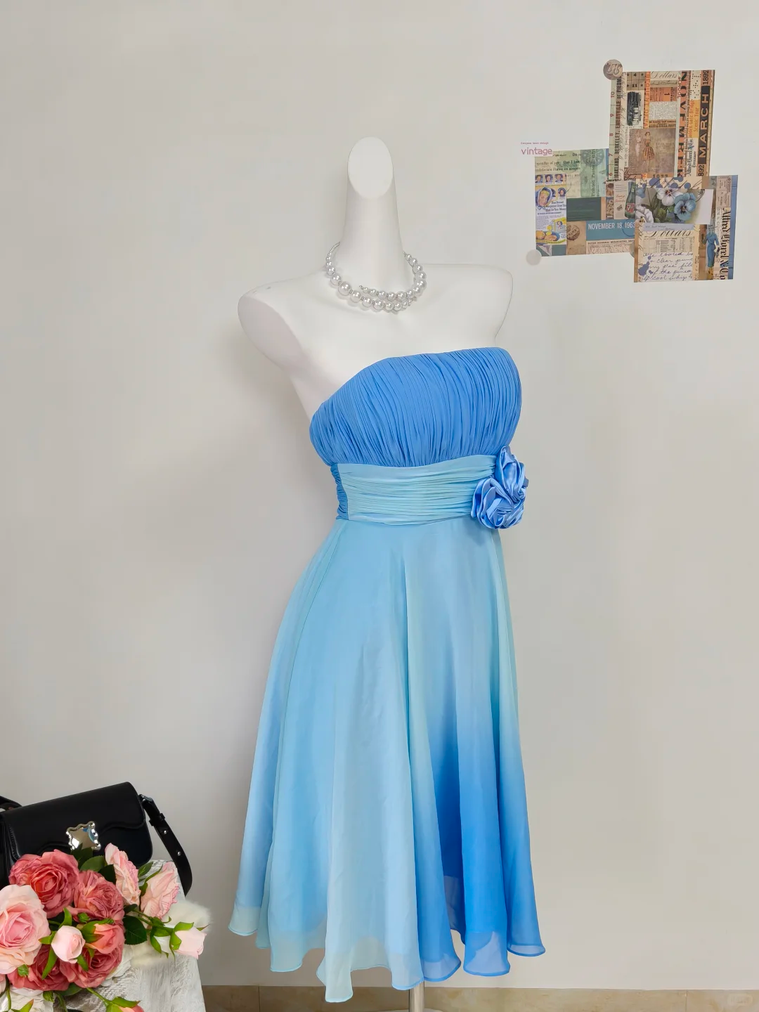 Vintage A Line Strapless Blue Ombre Chiffon Short Homecoming Dress Outfits DP5012