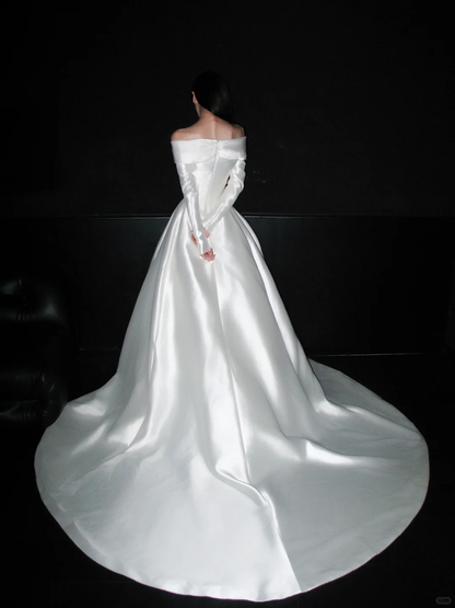 Elegant Ball Gown Long Sleeve Rose White Satin Long Train Wedding Dress DP6371