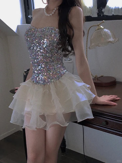 Shiny A Line Strapless Sequin Layered Organza Short Homecoming Dress Outfits DP6394