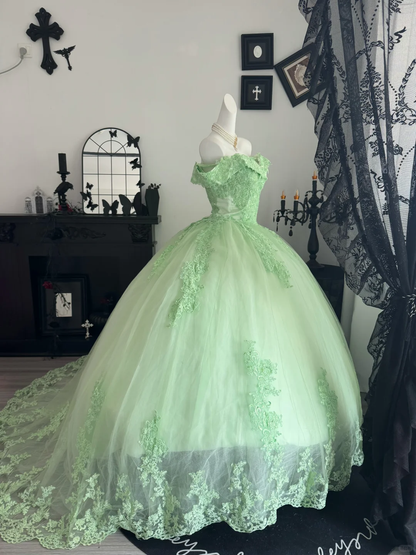 Green Ball Gown Off the Shoulder Bow Applique Tulle Prom Dress Quinceanera Dress DP6953