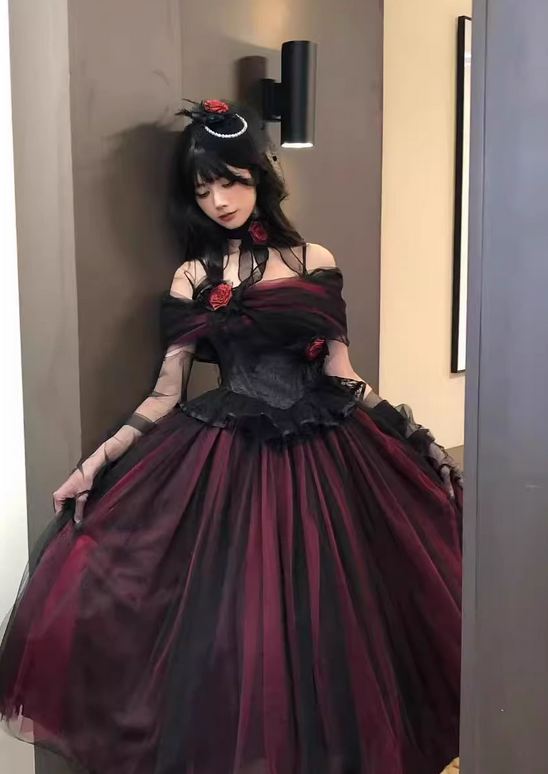 Burgundy Black Roses A Line Lace Tulle Lolita Goth Boning Dress Prom Dress DP4503