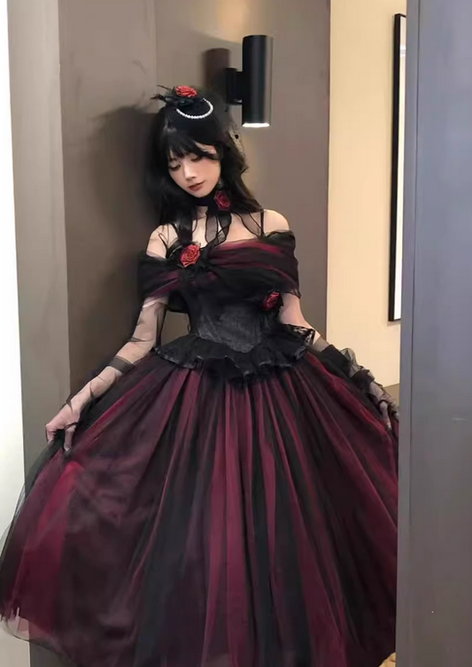 Burgundy Black Roses A Line Lace Tulle Lolita Goth Boning Dress Prom Dress DP4503