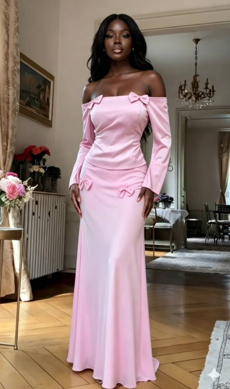 Two Piece Pink Bow A Line Long Sleeve Chiffon Satin Prom Dress 16th Birthday Dress DP3955