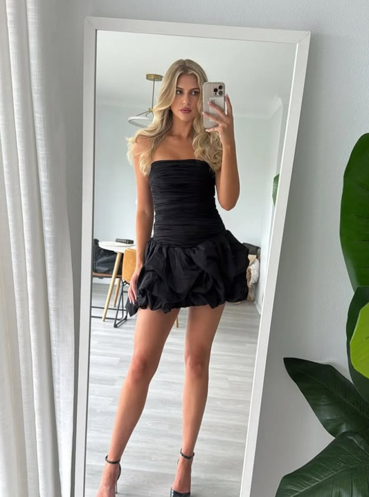 Classic Black A Line Strapless Pleated Satin Short Prom Dress Homecoming Dress DP7462