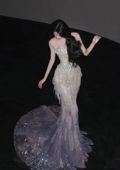 Stunning Purple Ombre Mermaid Halter Exquisite Beaded Tulle Prom Dress DP5034