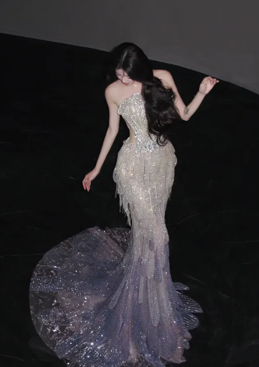 Stunning Purple Ombre Mermaid Halter Exquisite Beaded Tulle Prom Dress DP5034
