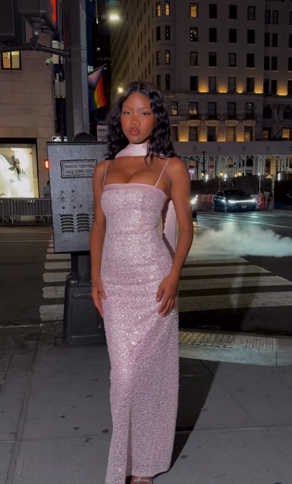 Pink Sheath Spaghetti Straps Beaded Tulle Ball Gown Graduation Prom Dress DP4843