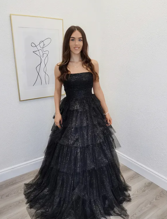Shiny Black A Line Strapless Sequin Layered Tulle Long Prom Dress Evening Dress DP6770