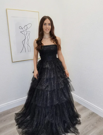 Shiny Black A Line Strapless Sequin Layered Tulle Long Prom Dress Evening Dress DP6770
