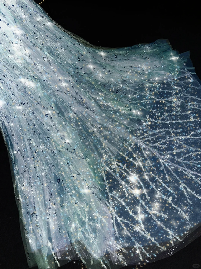 Shiny Mermaid Sequin Tulle Long Sweep Prom Dress Evening Dress with Bow DP2692