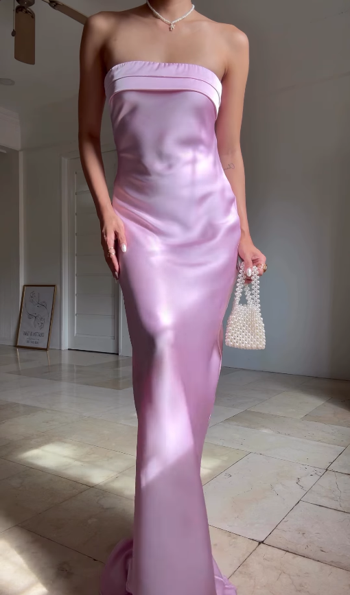 Sweety Sheath Strapless Pink Satin Open Back Long Graduation Prom Dress DP4878