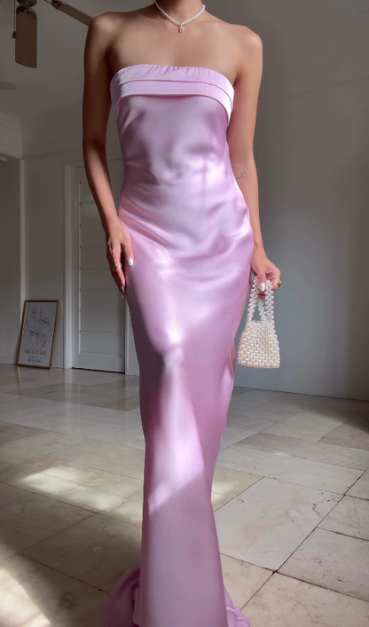 Sweety Sheath Strapless Pink Satin Open Back Long Graduation Prom Dress DP4878