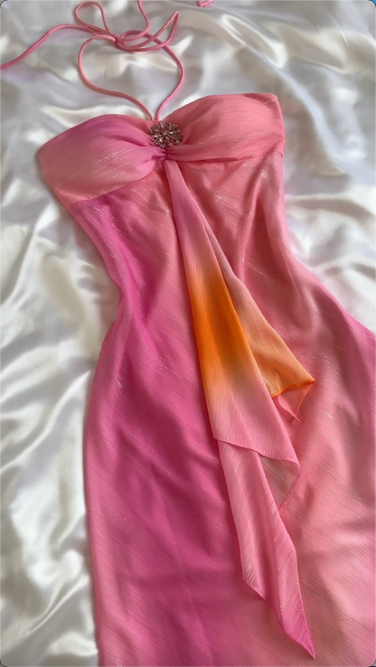 Cute Pink A Line Halter Chiffon Long Prom Dress Evening Dress DP2009