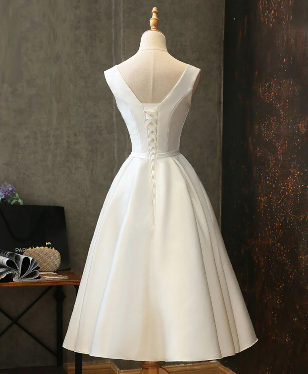 Simple A Line V Neck White Satin Short Homecoming Dress DP1056