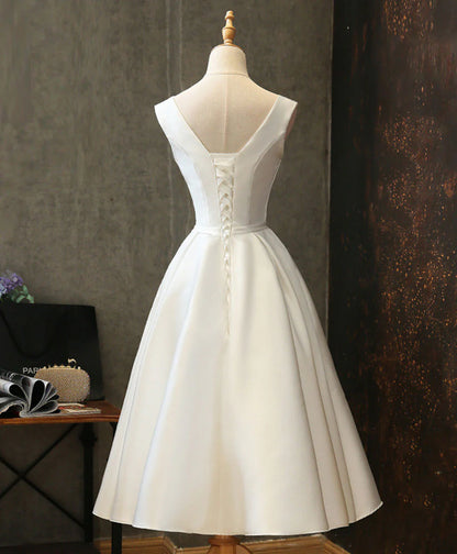 Simple A Line V Neck White Satin Short Homecoming Dress DP1056