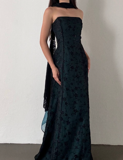Vintage A Line Strapless Appliques Black Blue Tulle Prom Dress Graduation Prom Dress DP2257