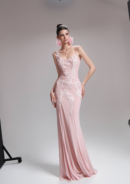 Elegant Pink Sheath Spaghetti Strap Lace Appliques Tulle Prom Dress Evening Dress DP6139