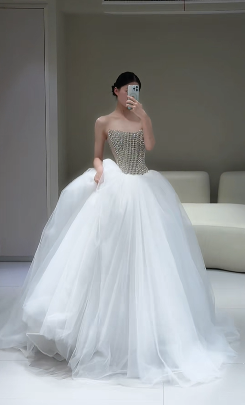 Shiny A Line Strapless Rhinestone White Tulle Long Wedding Dress DP4808