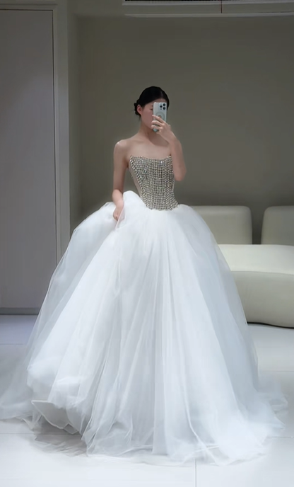 Shiny A Line Strapless Rhinestone White Tulle Long Wedding Dress DP4808