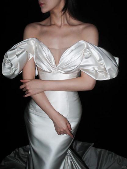 White Mermaid Off the Shoulder Satin Long Train Wedding Dress DP8108