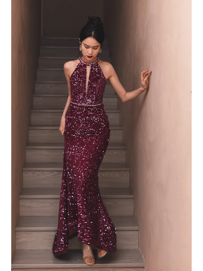 Sexy Purple Mermaid Halter Sequin Open Back Long Prom Dress Formal Dress DP3335