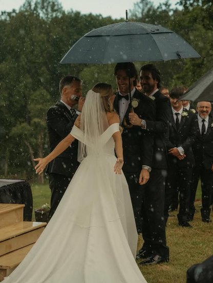 Elegant Ball Gown Off the Shoulder Pleated Simple Satin Wedding Dress DP4372