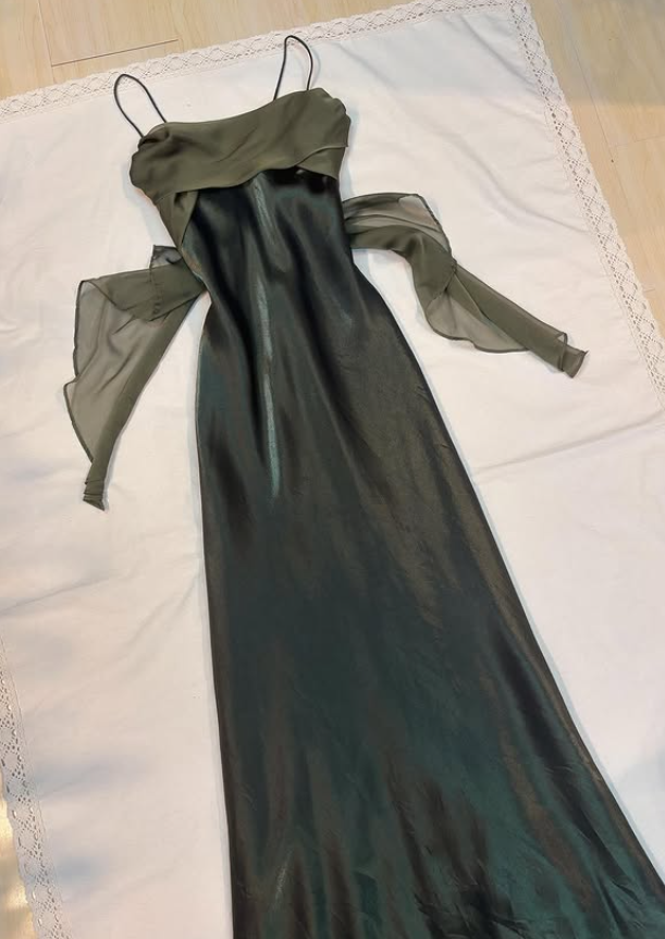 Vintage Dark Green Simple Sheath Chiffon Satin Prom Dress Evening Dress Date Dress DP5280