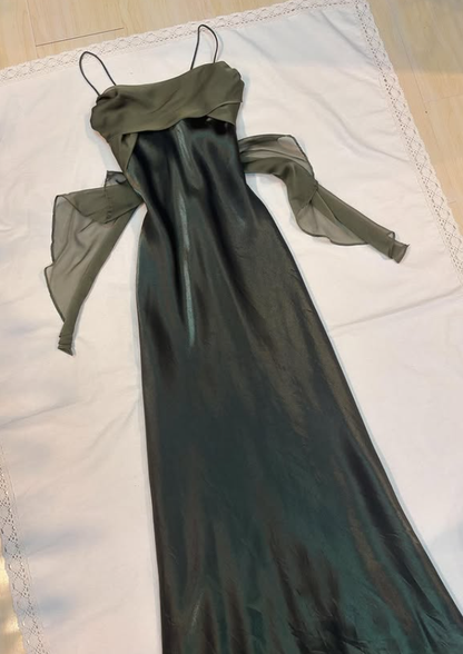 Vintage Dark Green Simple Sheath Chiffon Satin Prom Dress Evening Dress Date Dress DP5280