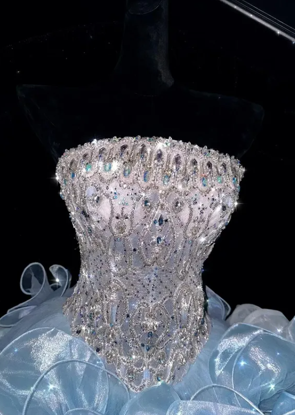 Blue Ball Gown Strapless Exquisite Rhinestone Unique Organza Prom Dress DP4633