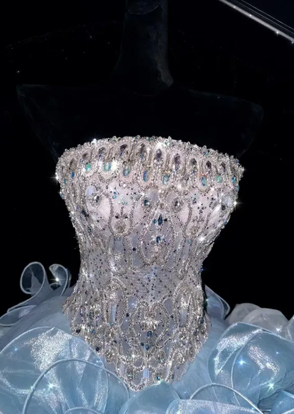 Blue Ball Gown Strapless Exquisite Rhinestone Unique Organza Prom Dress DP4633