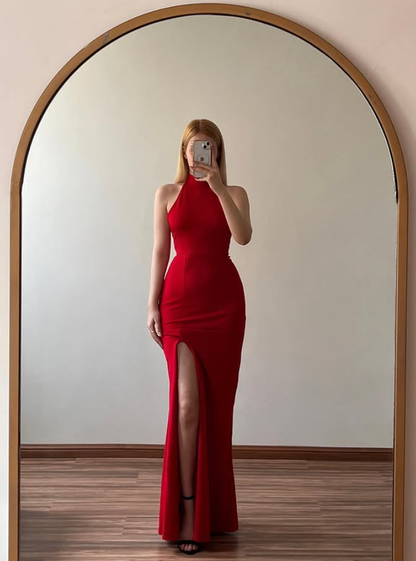 Simple Sheath High Neck Red Satin Backless Prom Dress Evening Dress DP6490