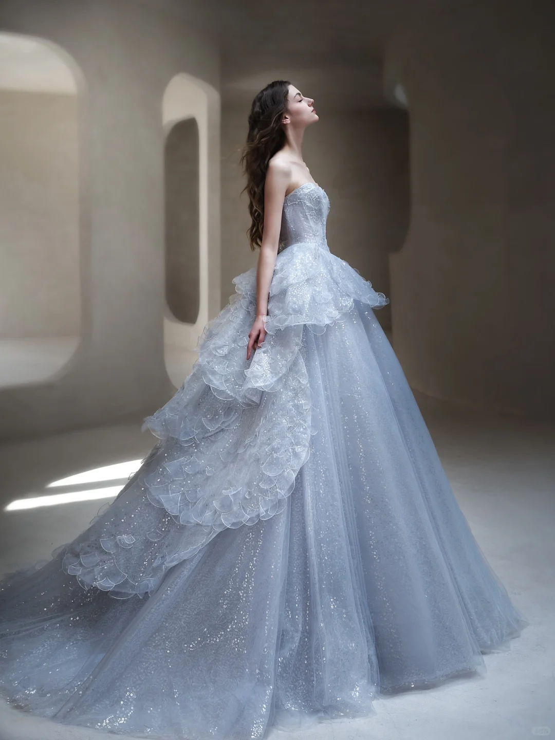 Light Blue Ball Gown Strapless Sequin Layered Long Prom Dress Evening Dress Formal Gown DP3434